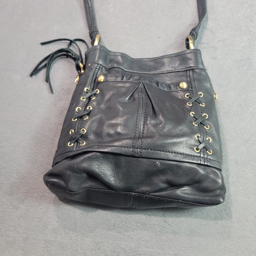 B. Makowsky Crossbody Bag Women Small Black Leather Lace Up Boho Tassel Gold HW
